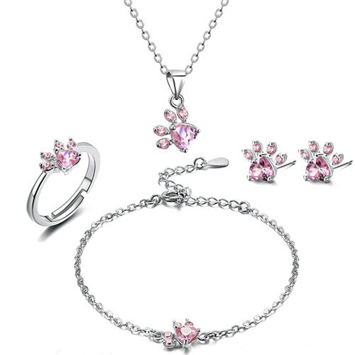 Roségoldenes Pfoten-Schmuckset – 4 Teile mit Zirkonia-Herz (Ring, Halskette, Ohrringe, Armband)