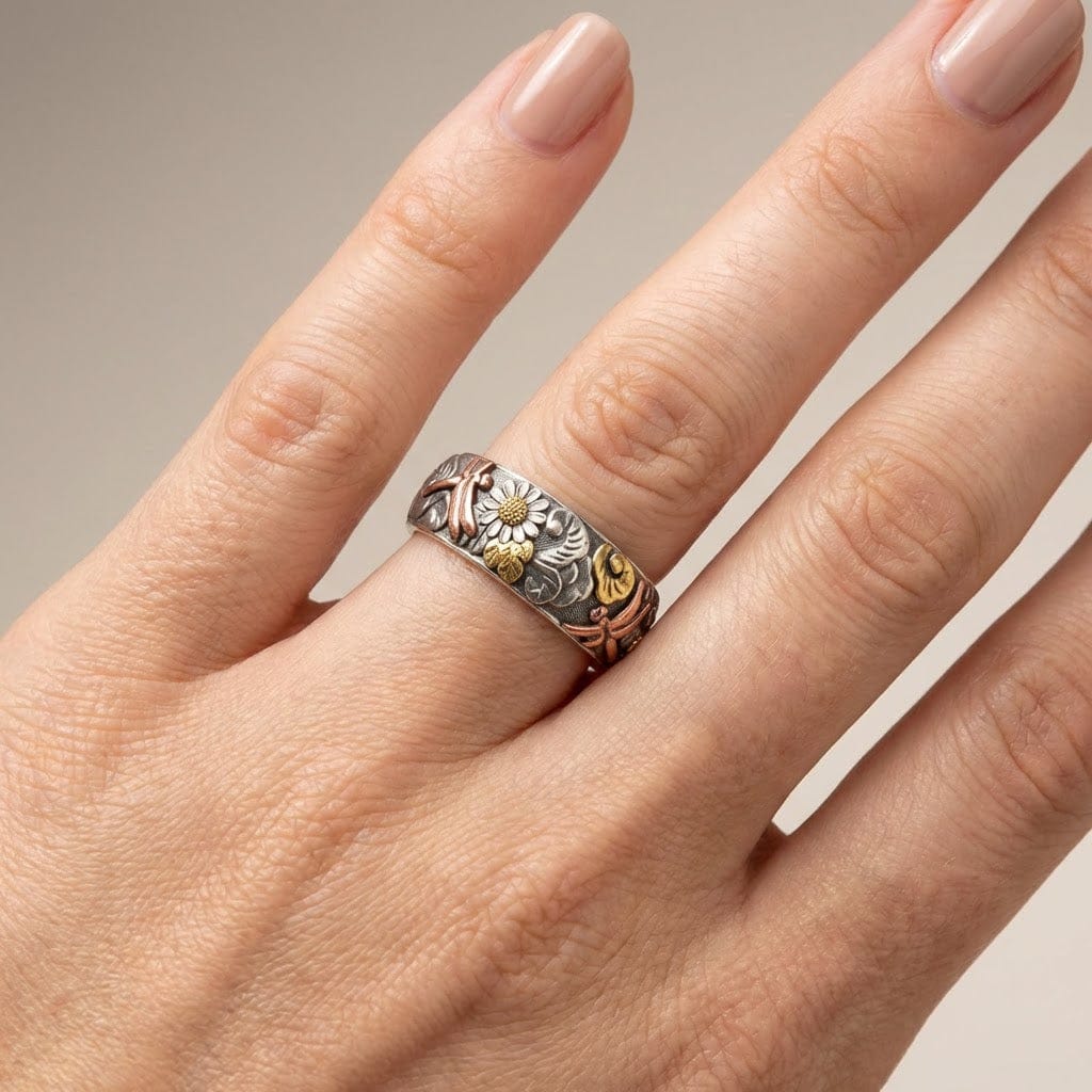Handgemachter Libellen & Sonnenblumen Vintage Silber Ring