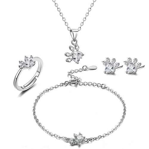 Roségoldenes Pfoten-Schmuckset – 4 Teile mit Zirkonia-Herz (Ring, Halskette, Ohrringe, Armband)