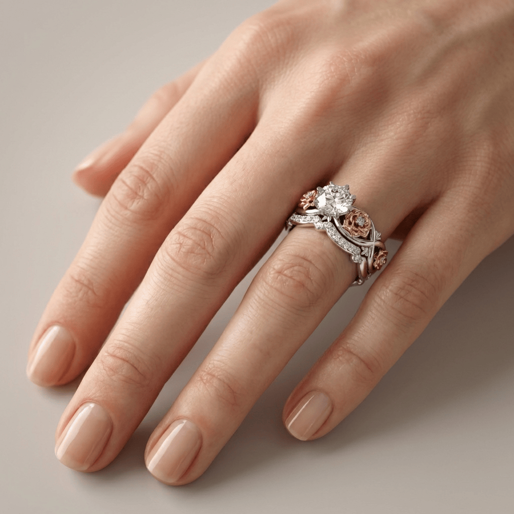 Silberner Roségold Diamant Blumenring