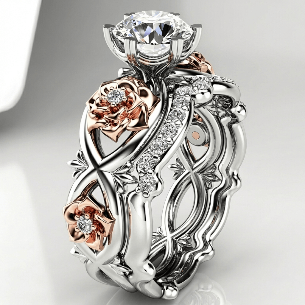 Silberner Roségold Diamant Blumenring