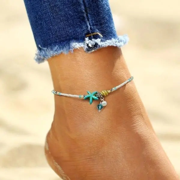 Stern- und Muschel-Anklet-Armband mit Natursteinen