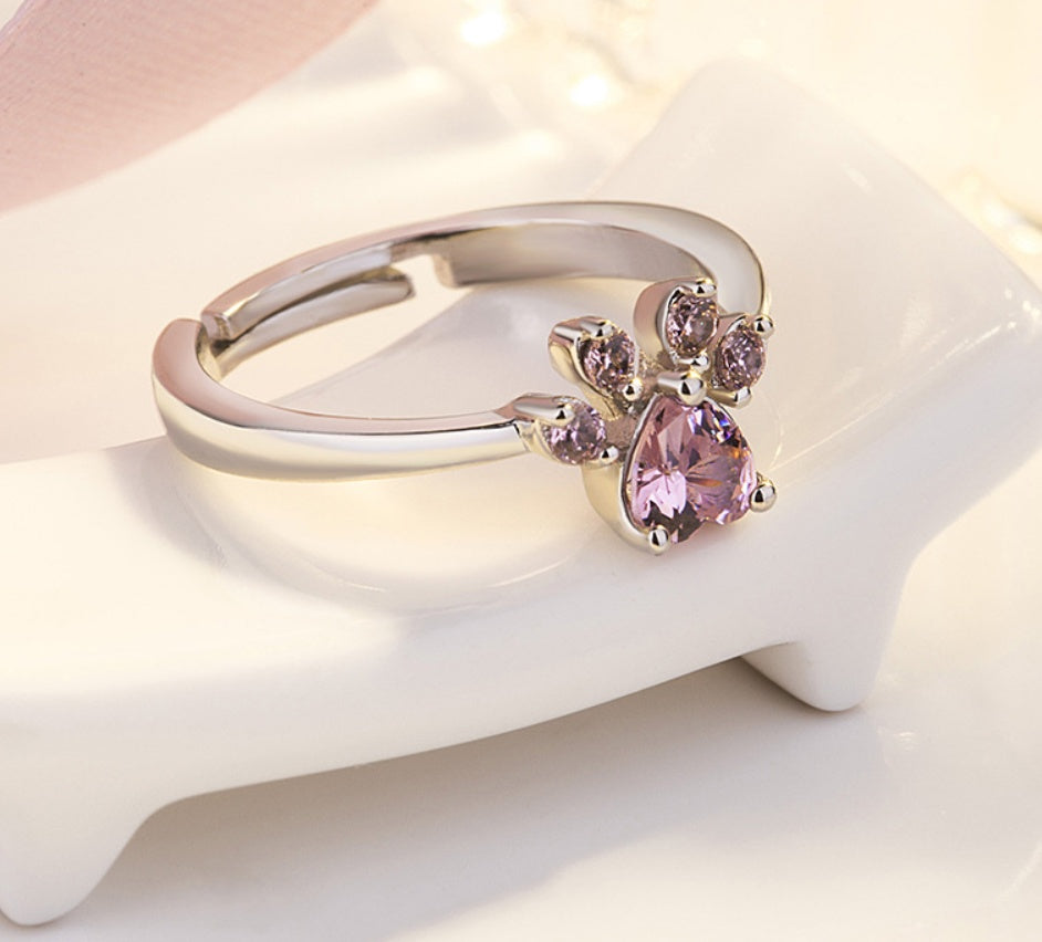 Roségoldenes Pfoten-Schmuckset – 4 Teile mit Zirkonia-Herz (Ring, Halskette, Ohrringe, Armband)