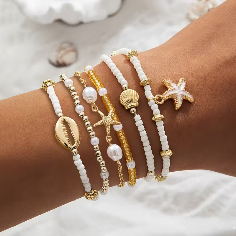 Küsten-Gold- und Perlen-Armband-Set aus 6