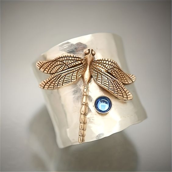 Vintage Goldene Libelle Silberring