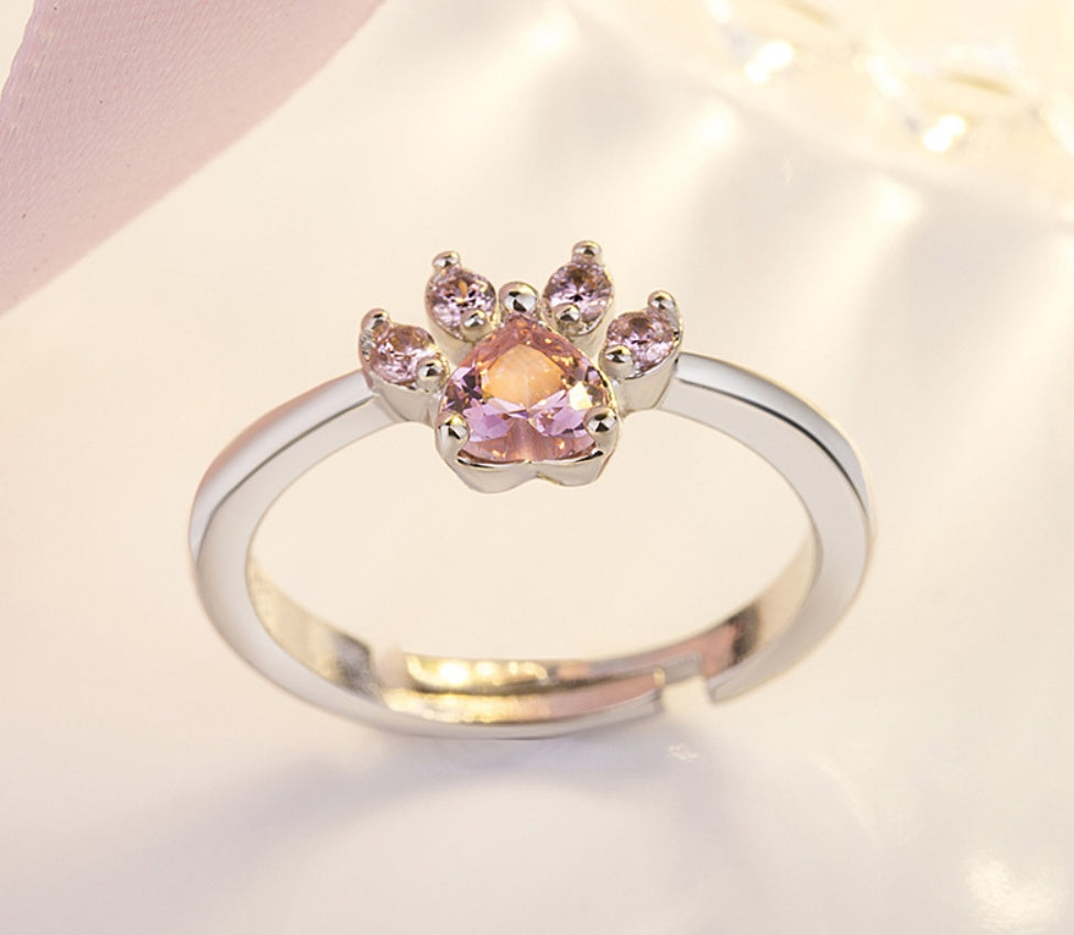 Roségoldenes Pfoten-Schmuckset – 4 Teile mit Zirkonia-Herz (Ring, Halskette, Ohrringe, Armband)