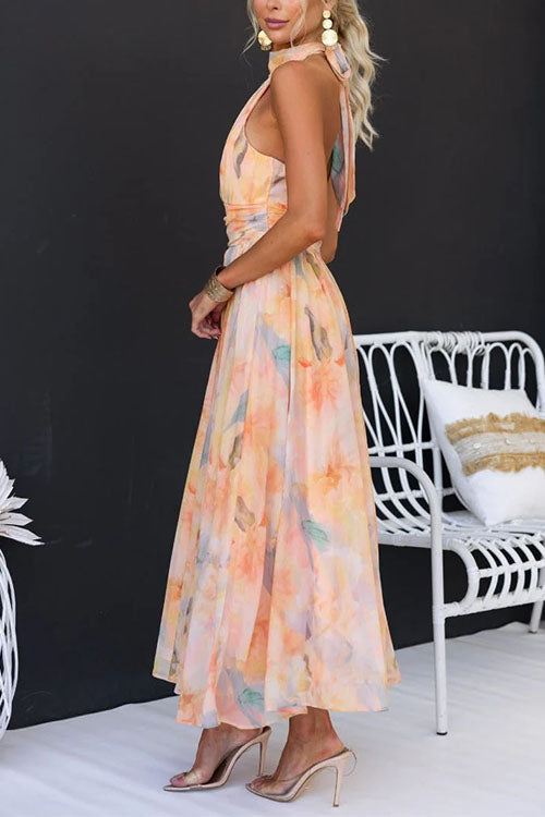 Aurora™ - Elegant Halter Neck Watercolor Print Maxi Dress