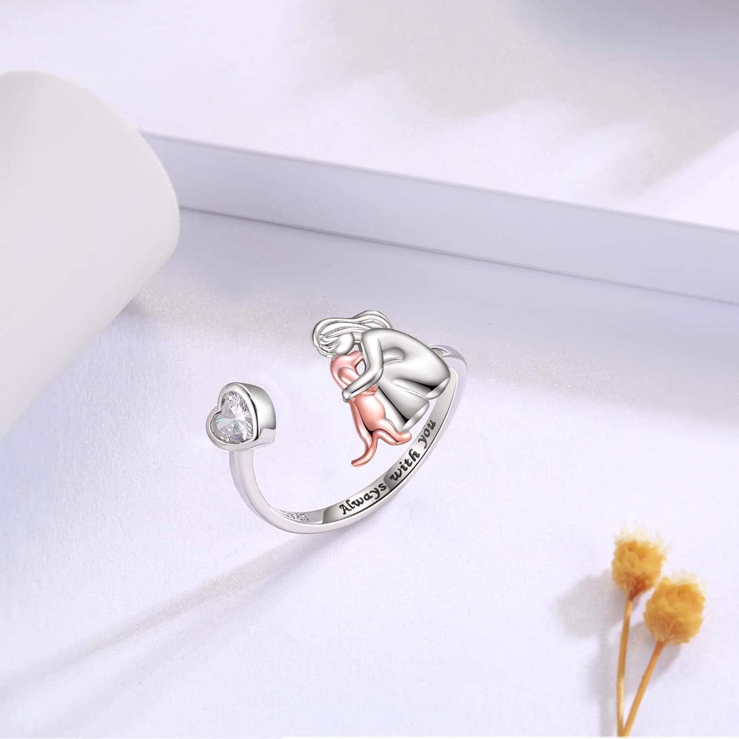 Verstellbarer Hundering aus 925 Sterling Silber – „Immer in meinem Herzen“ mit Zirkonia