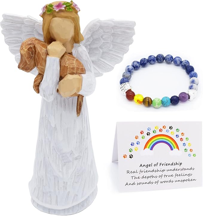 Hundegedenk-Geschenkset mit Engel der Freundschaft Figur & Regenbogenbrücke Chakra-Armband