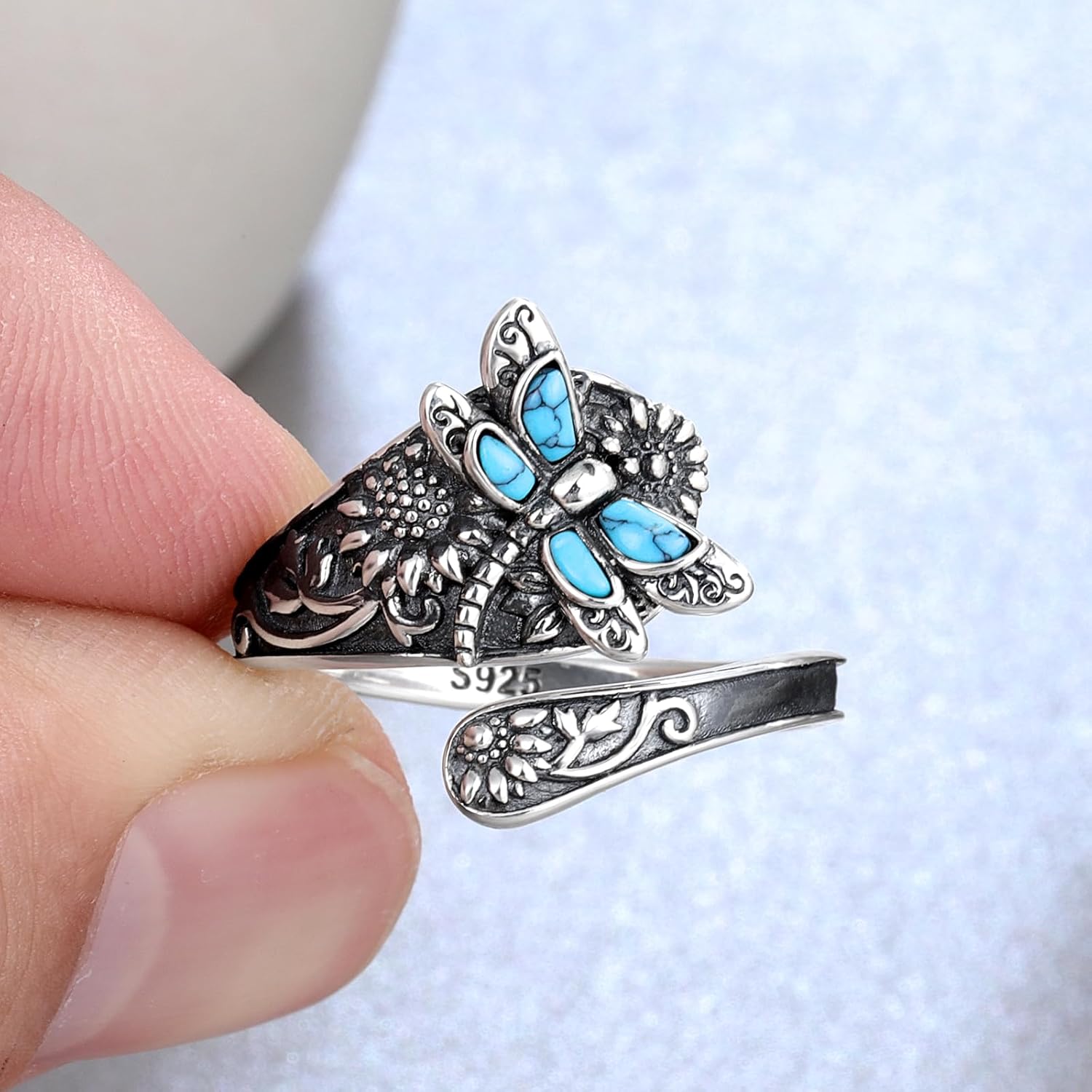 Sterling Silber Türkis Löffelring – Vintage Boho Wickelring mit Libelle
