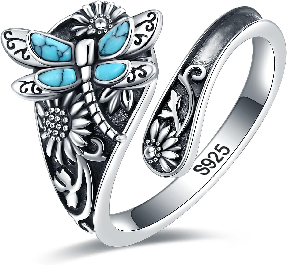 Sterling Silber Türkis Löffelring – Vintage Boho Wickelring mit Libelle