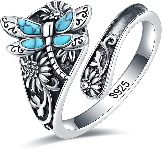 Sterling Silber Türkis Löffelring – Vintage Boho Wickelring mit Libelle