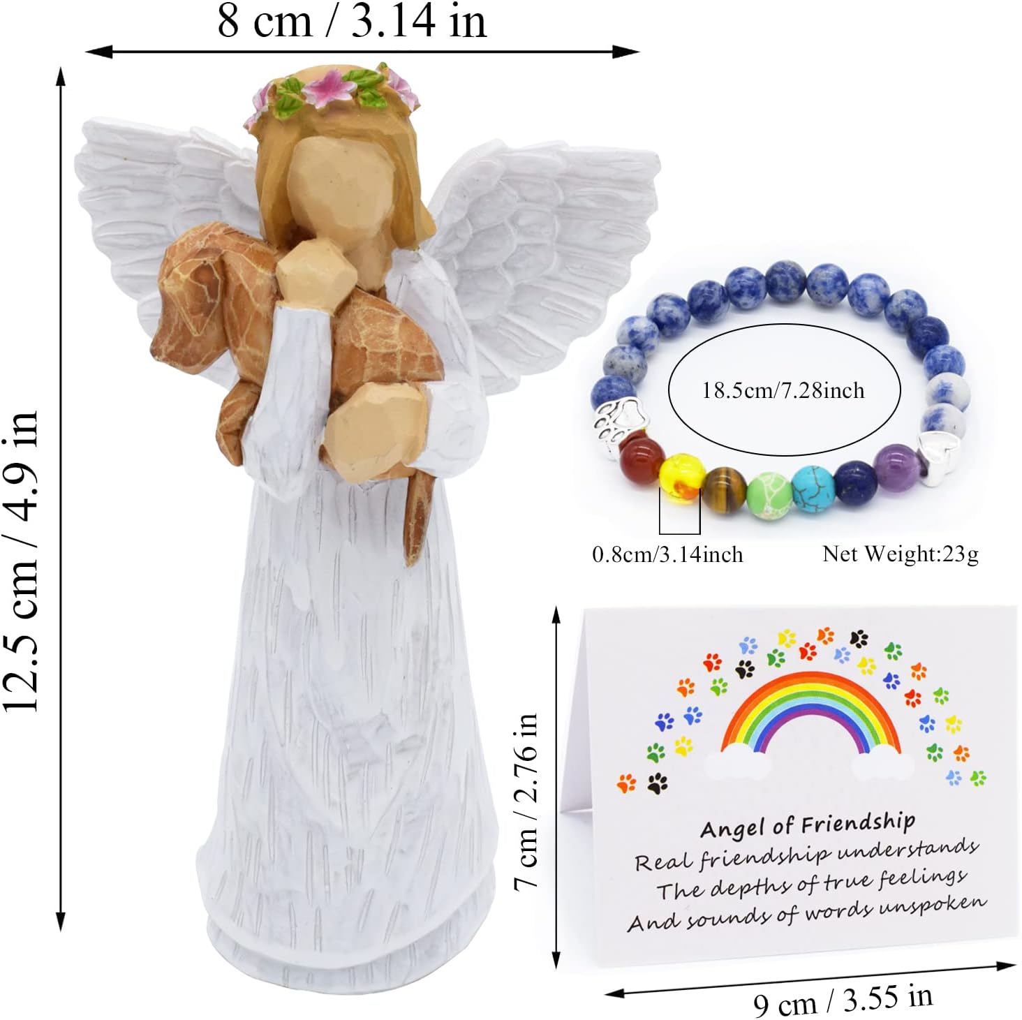 Hundegedenk-Geschenkset mit Engel der Freundschaft Figur & Regenbogenbrücke Chakra-Armband