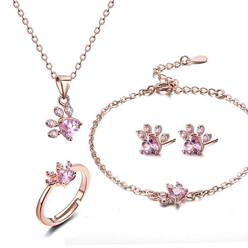 Roségoldenes Pfoten-Schmuckset – 4 Teile mit Zirkonia-Herz (Ring, Halskette, Ohrringe, Armband)