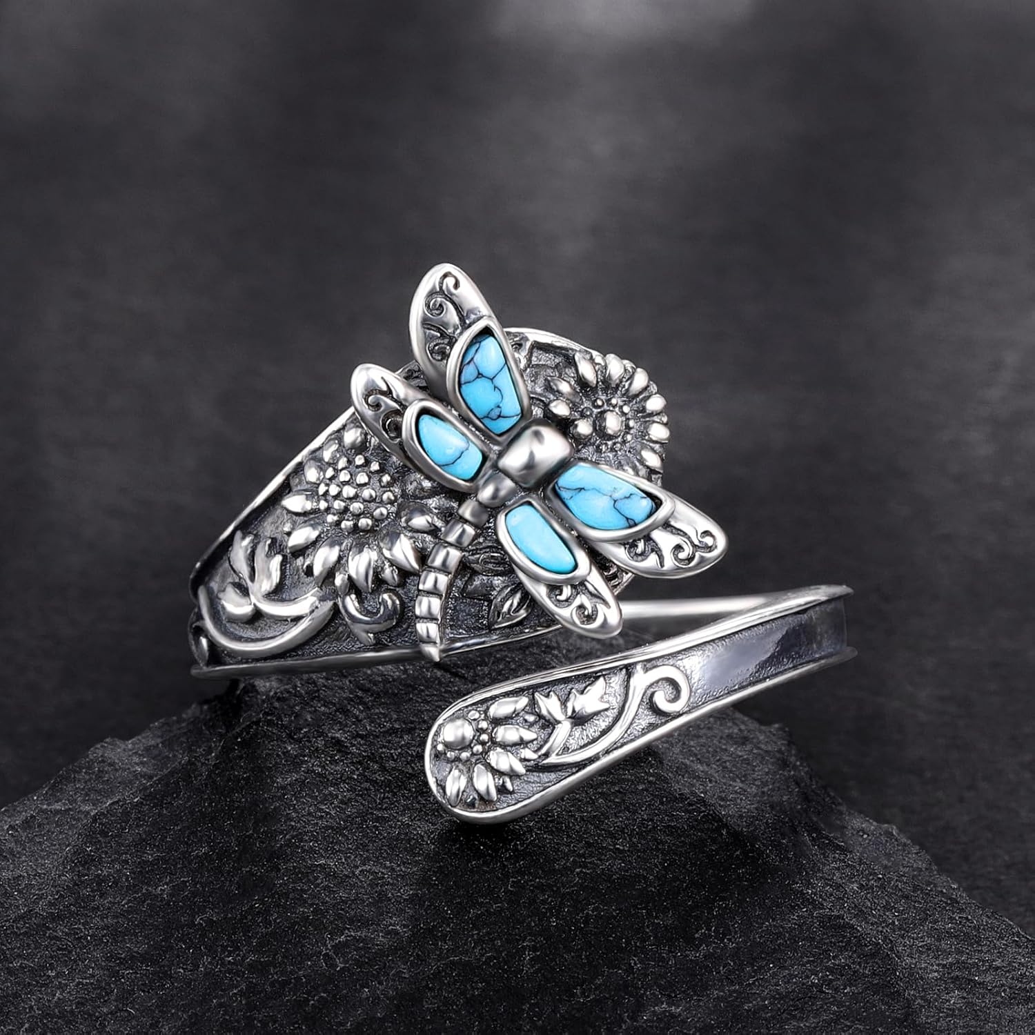 Sterling Silber Türkis Löffelring – Vintage Boho Wickelring mit Libelle