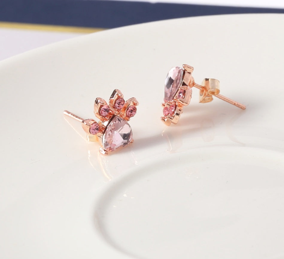 Roségoldenes Pfoten-Schmuckset – 4 Teile mit Zirkonia-Herz (Ring, Halskette, Ohrringe, Armband)