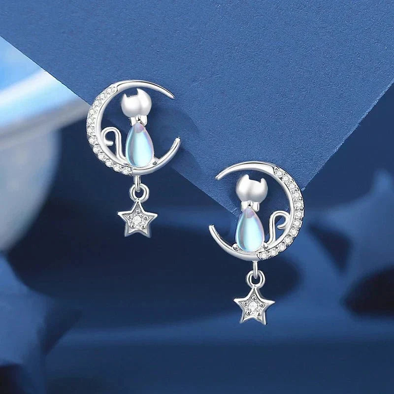 925 Sterling Silber Mond & Stern Katzenohrringe mit Zirkon