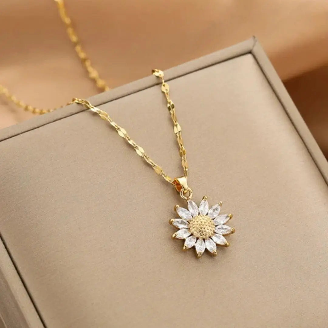 Gold Sunflower Crystal Pendant Necklace
