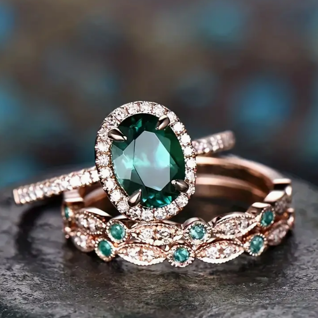 Vintage Grüner Zirkonia Rosegold Ring Set