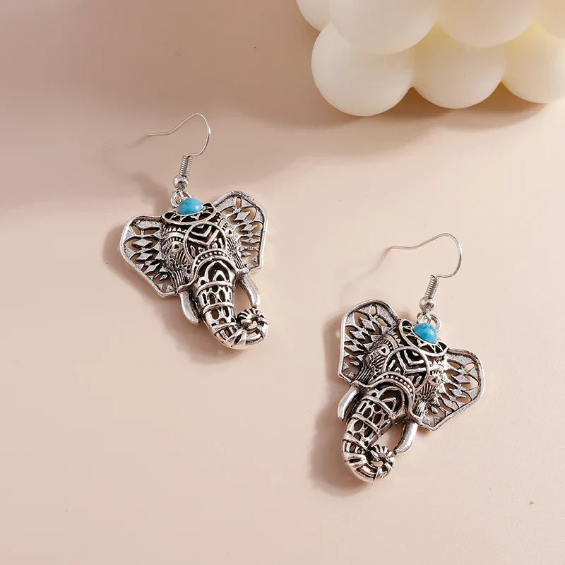 Vintage Elephant Drop Earrings Silver Bohemian
