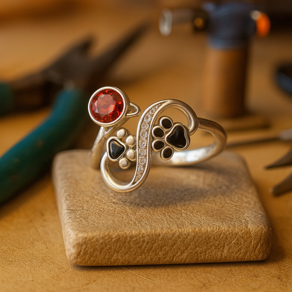 Schwarzer Pfotenabdruck verstellbarer Ring mit rotem Edelstein