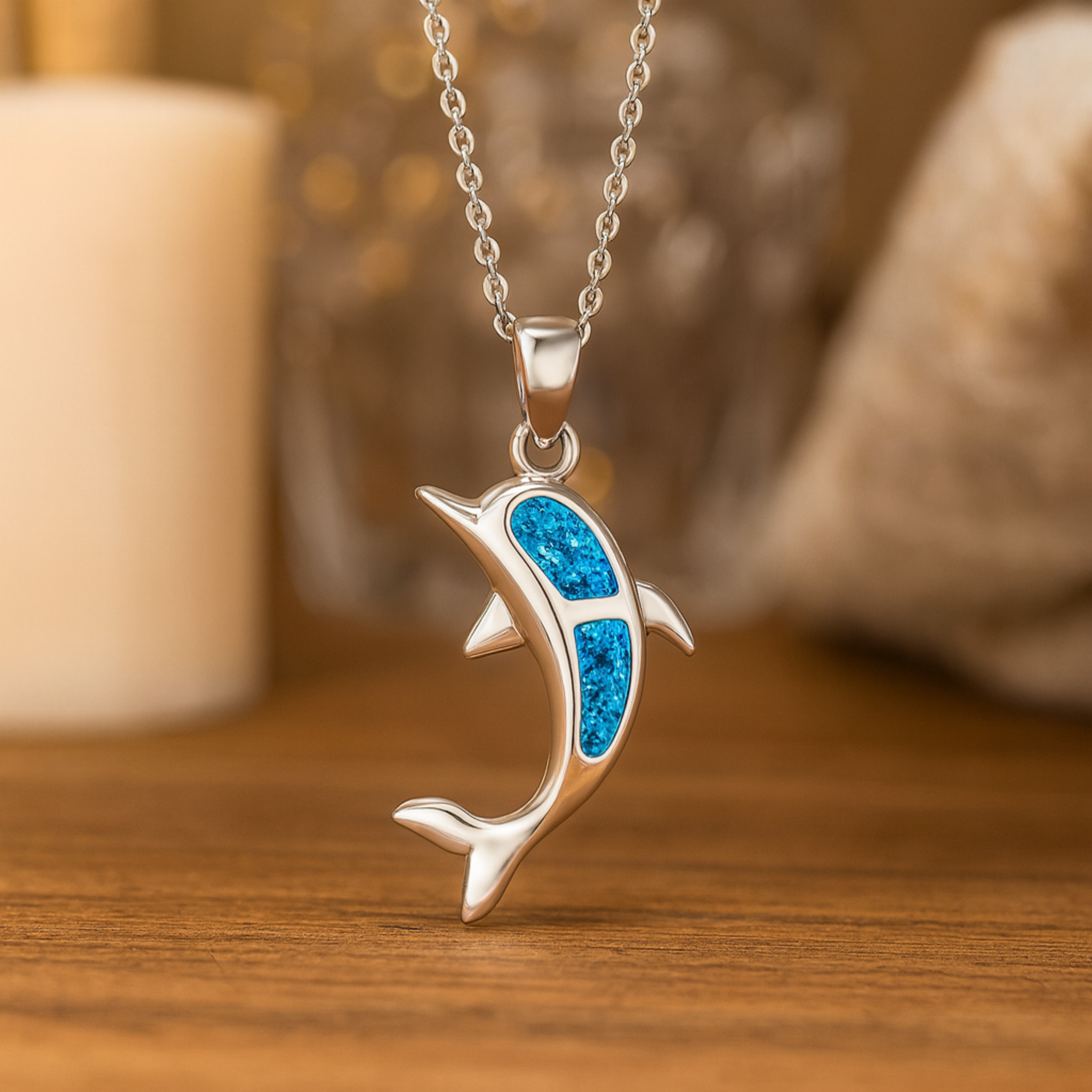 Silberblauer Opal Delfin Anhänger Halskette