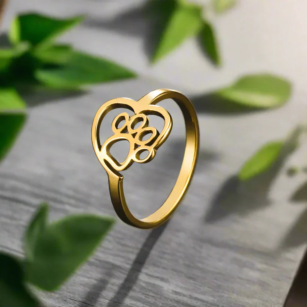 Goldfarbener Pfoten- und Herzring – Schmuck aus Edelstahl für Tierliebhaber