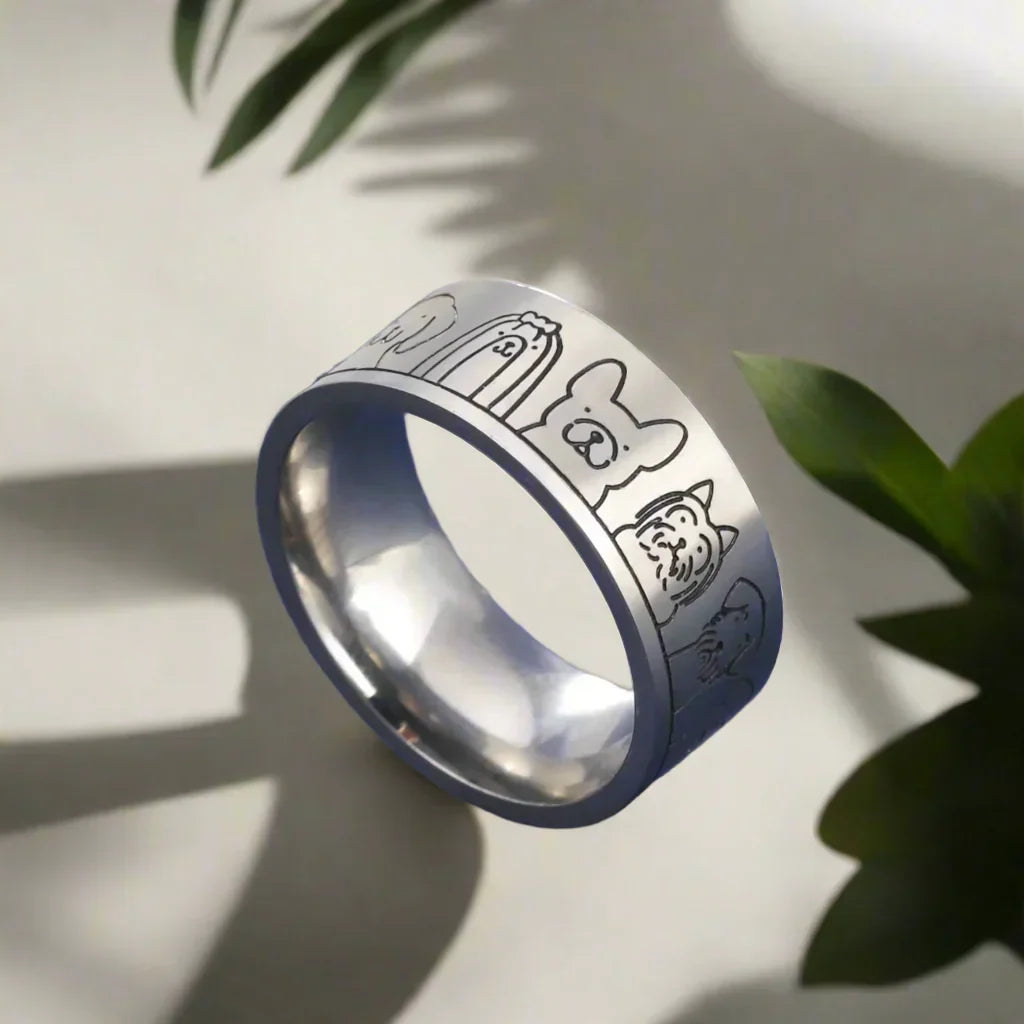 Breiter Edelstahl-Hundering – Graviertes Design für Frauen