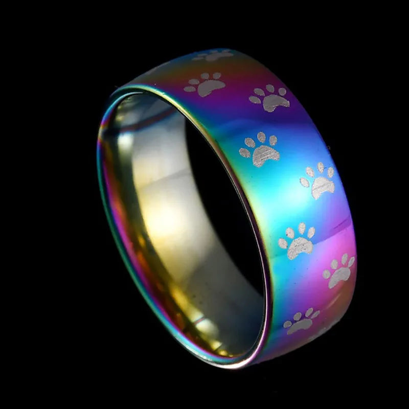 Handgefertigter Regenbogen Edelstahl Pfotenabdruckring