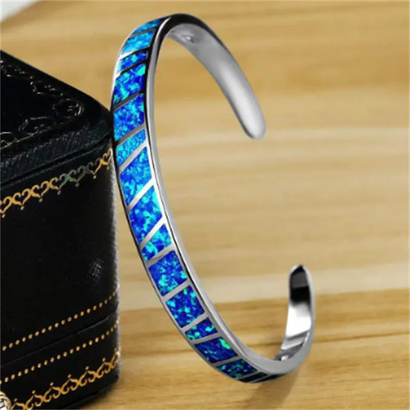 Elegantes Silber Blau Feuer Opal Verstellbares Armband