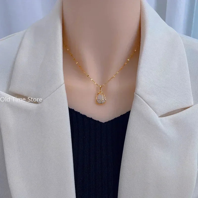 Elegante Gold-Tulpen-Pink-Kristall-Anhänger-Halskette