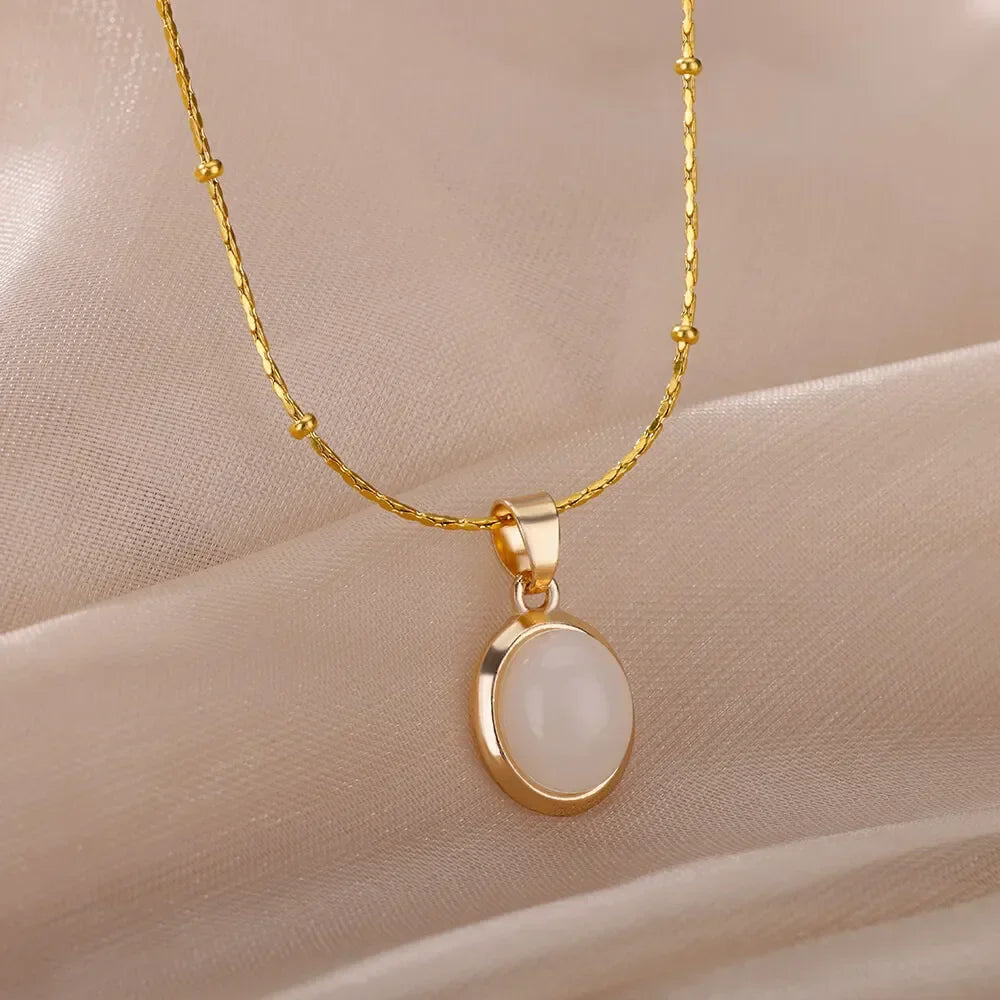 Chic Gold Stainless Steel Water Drop Opal Pendant Necklace