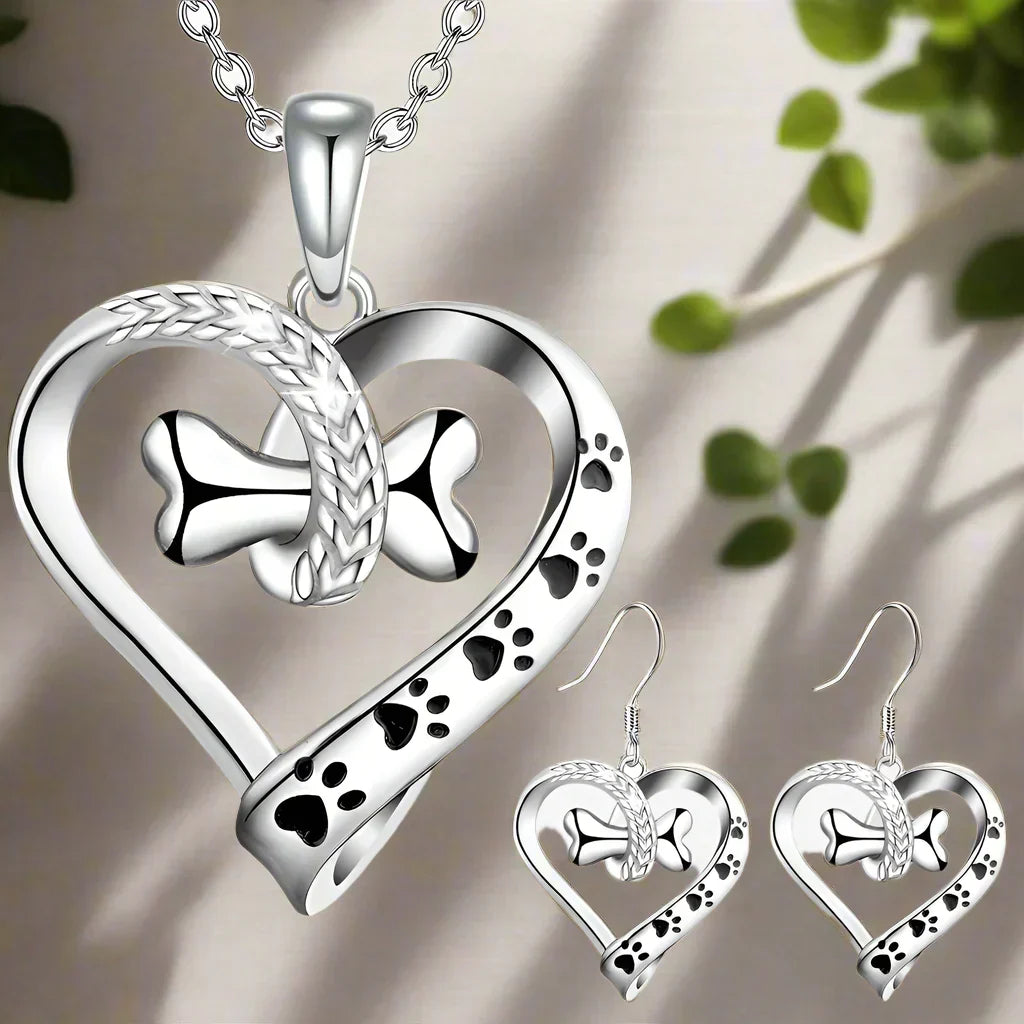 2-teilige Schmuckset mit Pfote, Herz und Knochen-Anhängern