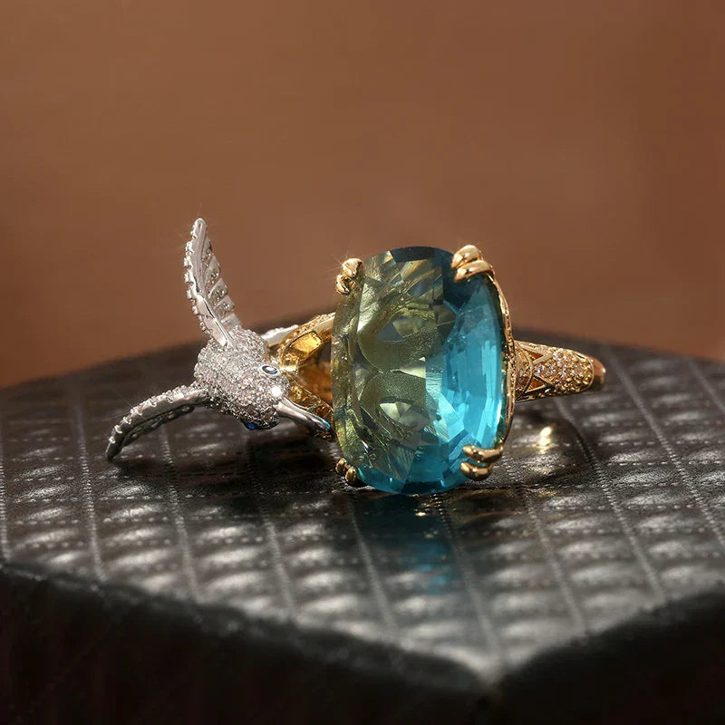 Verstellbarer Hummingbird-Ring in Aquamarinfarbe – 14K vergoldet