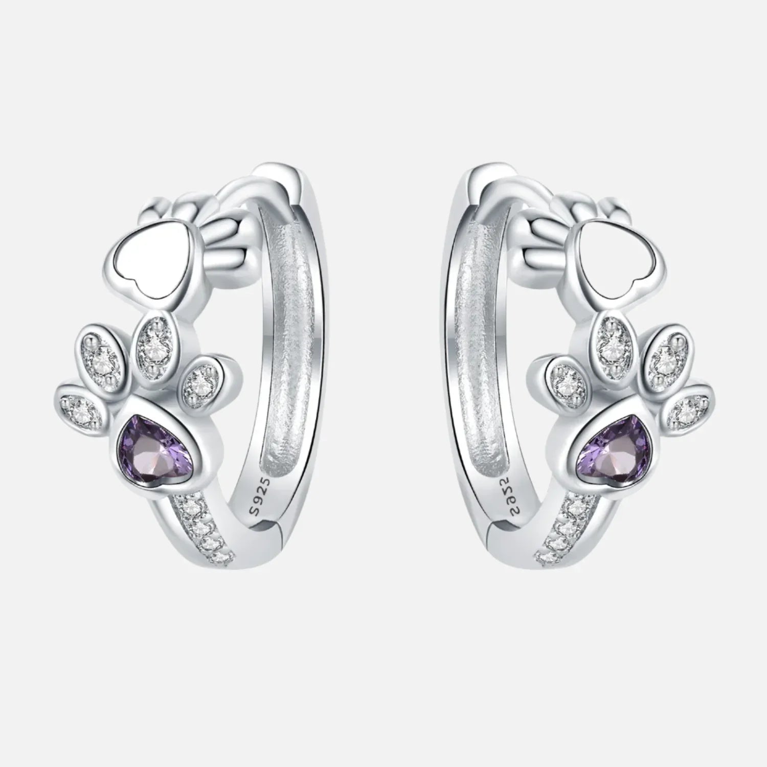 Paw Huggie Earrings in 925 Sterling Silver – With Zirconia and Heart Gem