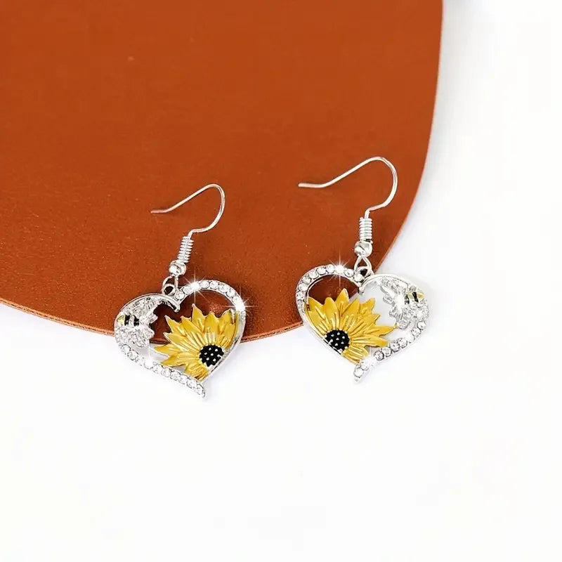 Vintage Boho Sonnenblume & Bienen Herz Ohrringe