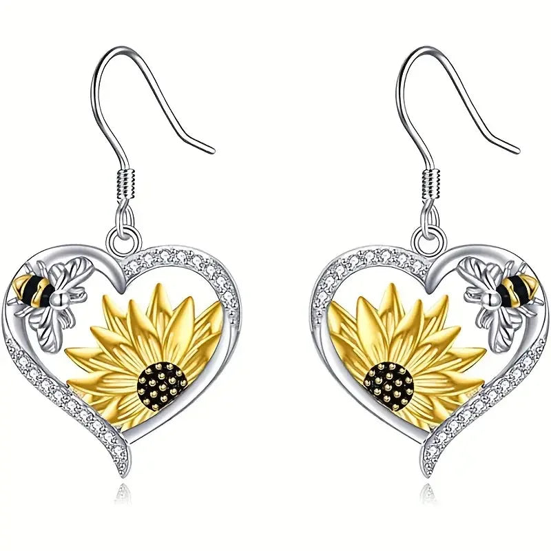 Vintage Boho Sonnenblume & Bienen Herz Ohrringe