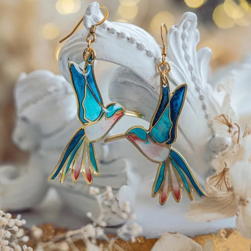 Anmutige Kolibri Blaue Emaille Ohrringe