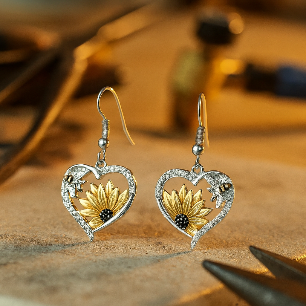 Vintage Boho Sonnenblume & Bienen Herz Ohrringe