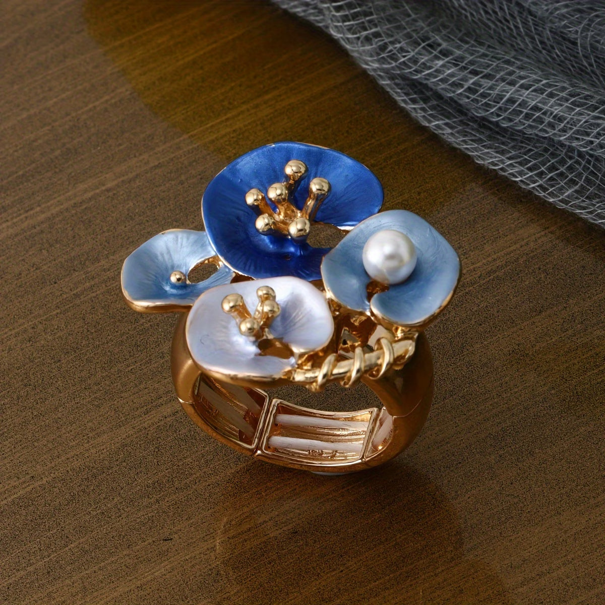 Blauer Floralperlen verstellbarer Statement-Ring
