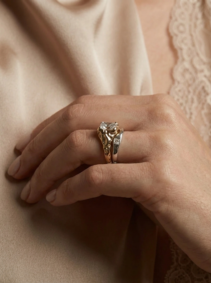 Einzigartiges Goldenes Geschmiedetes Ring-Set