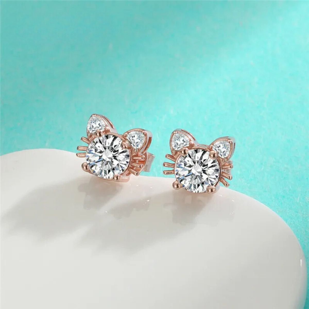 Moissanit Rose Gold Katzen Ohrstecker in 925 Sterling Silber