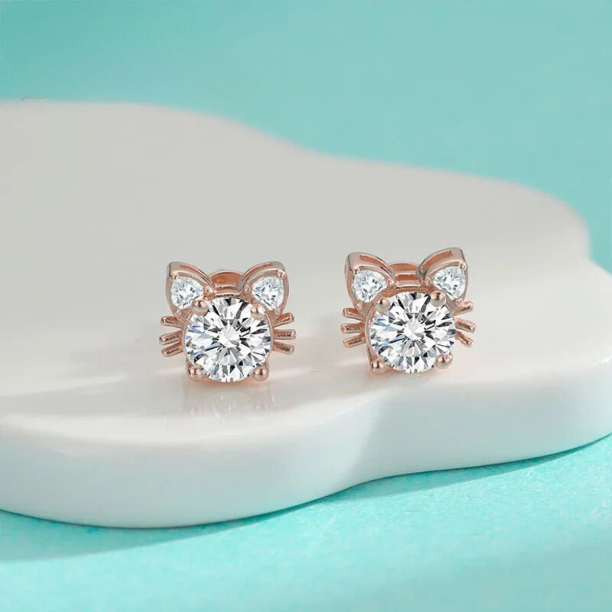 Moissanit Rose Gold Katzen Ohrstecker in 925 Sterling Silber