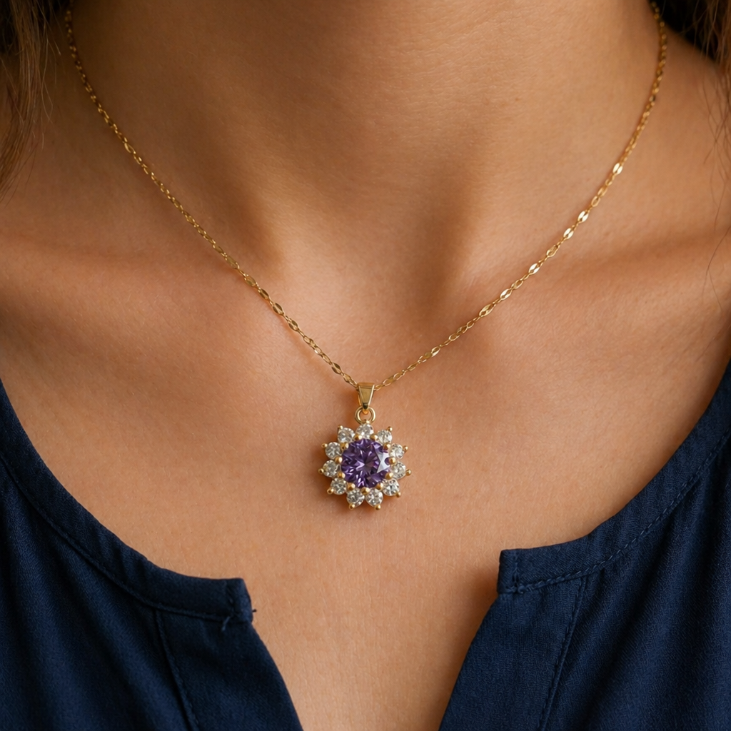 Elegante Amethyst Sonnenblume Gold Halskette