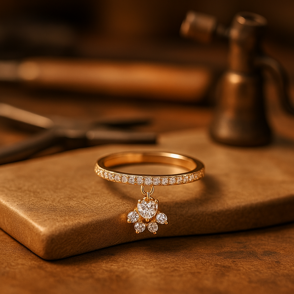Vintage Katzenpfote & Herz Steinring – Gold- und Silberton