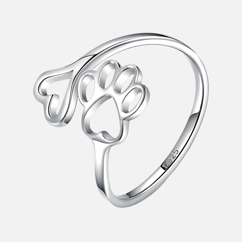 Handgefertigter Pfoten- & Herzring – Verstellbar aus 925 Sterling Silber