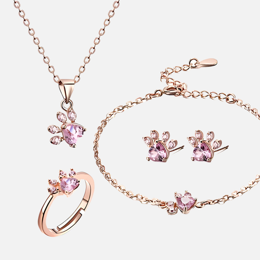 Roségoldenes Pfoten-Schmuckset – 4 Teile mit Zirkonia-Herz (Ring, Halskette, Ohrringe, Armband)