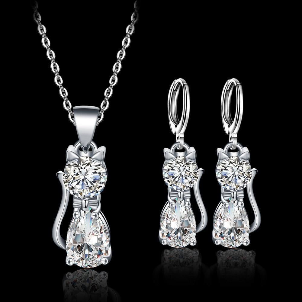 Set Halskette + Ohrringe Glückliche Katzen aus Sterlingsilber und poliertem weißen Zirkonium