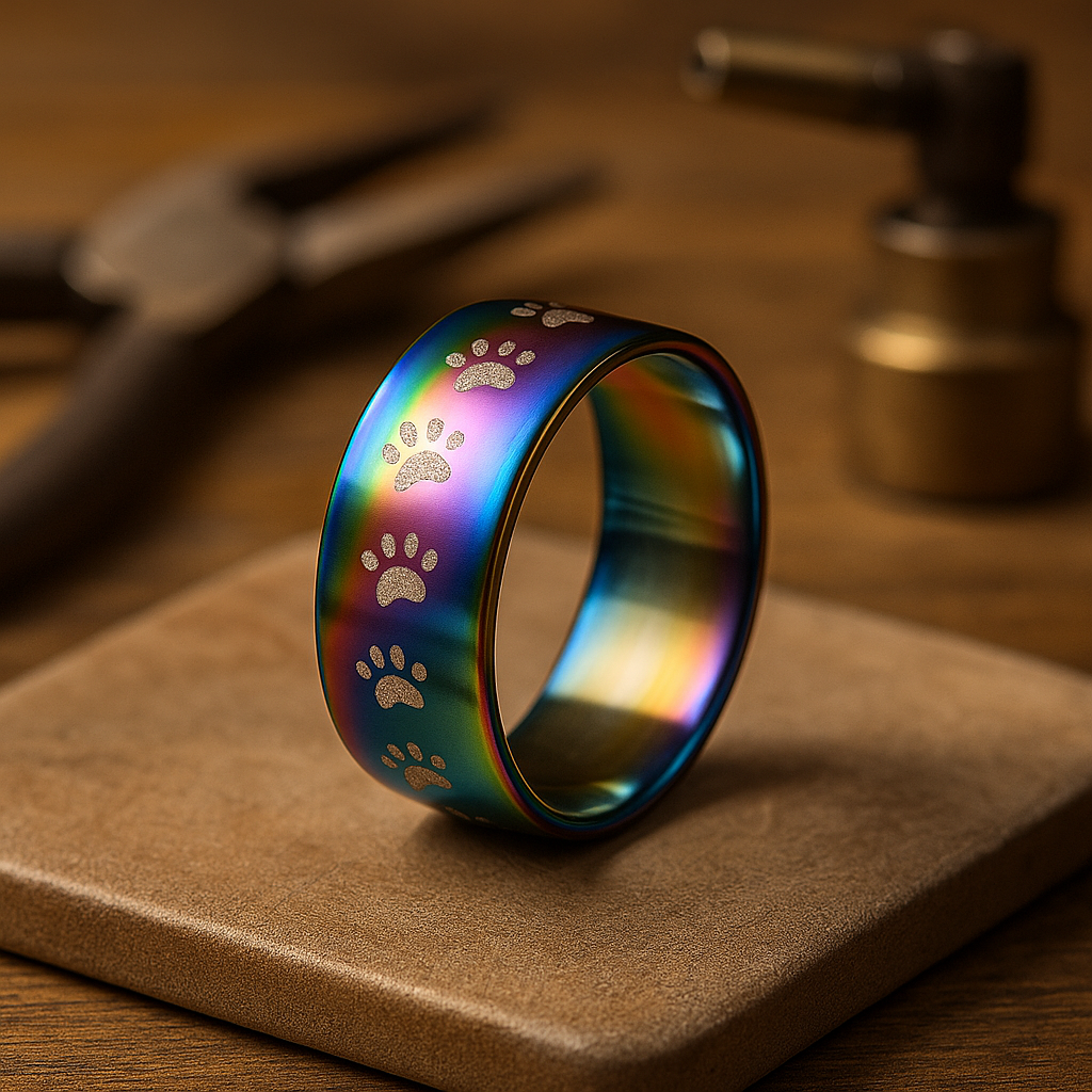 Handgefertigter Regenbogen Edelstahl Pfotenabdruckring