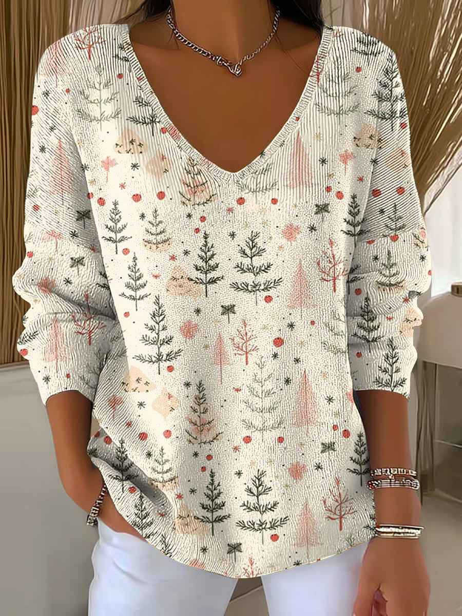 Women's V-Neck Merry Christmas Print Ribbed Top